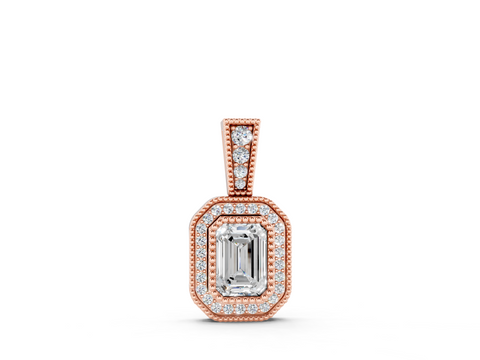 Rose gold Emerald Cut Halo Diamond Pendant with Pavé Setting