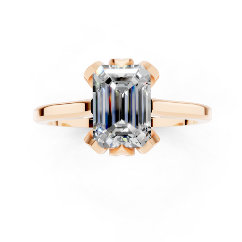 Rose gold Emerald Cut Solitaire Diamond Ring with Flower-Prong Setting and Classic Band