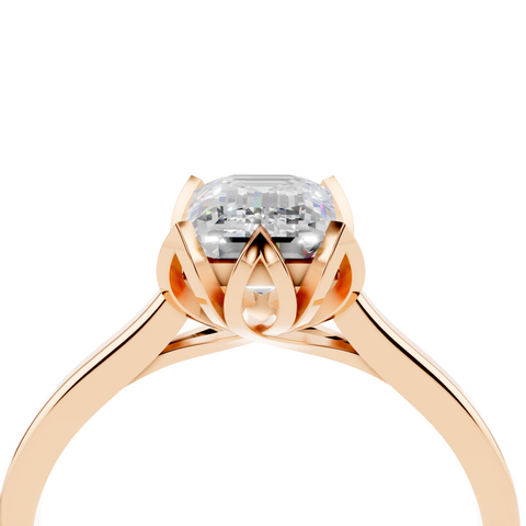 Rose gold Emerald Cut Solitaire Diamond Ring with Flower-Prong Setting and Classic Band