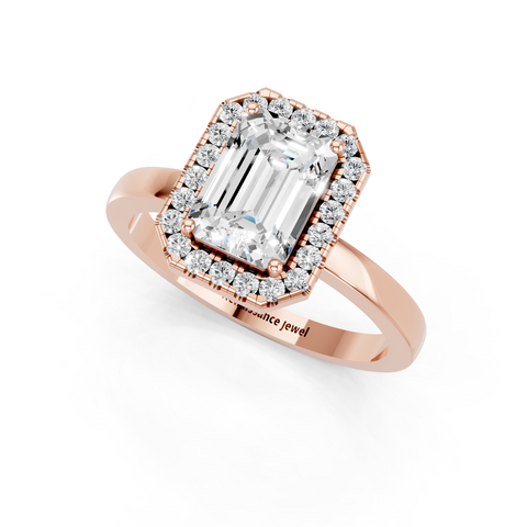 Rose gold Emerald Halo Diamond Solitaire with Pavé Band and Four-Prong Setting