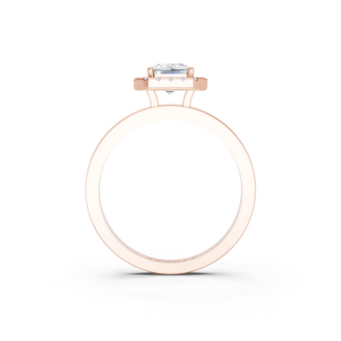 Rose gold Emerald Halo Diamond Solitaire with Pavé Band and Four-Prong Setting