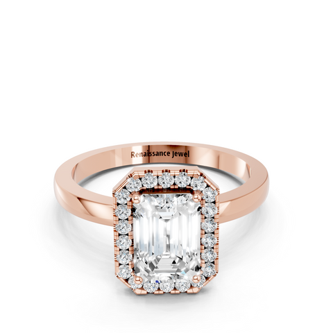 Rose gold Emerald Halo Diamond Solitaire with Pavé Band and Four-Prong Setting