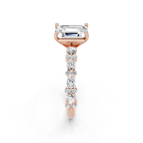 Rose gold Emerald Solitaire with Side Stones, Pave Band, Four-Prong Setting