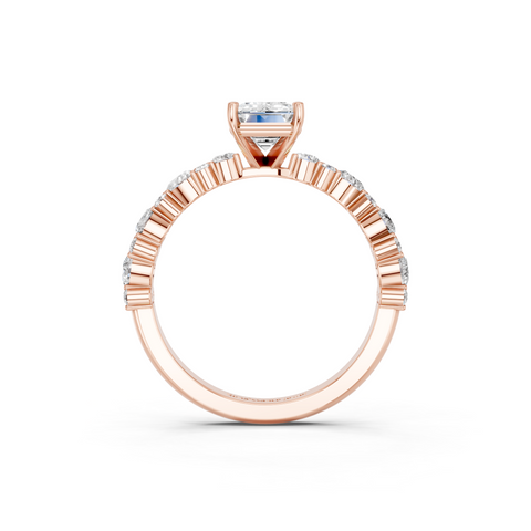 Rose gold Emerald Solitaire with Side Stones, Pave Band, Four-Prong Setting