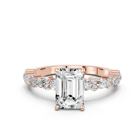 Rose gold Emerald Solitaire with Side Stones, Pave Band, Four-Prong Setting