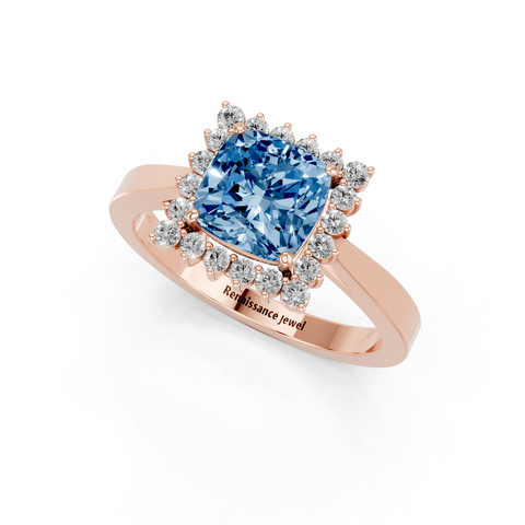Rose gold Fancy Blue Cushion  Cut Diamond Halo Ring with Round Brilliant Halo and Solitaire Band