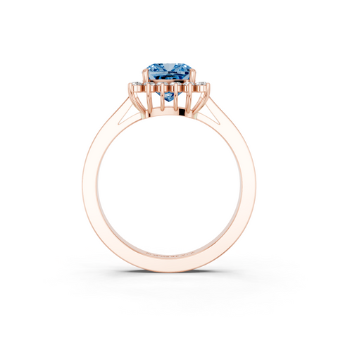 Rose gold Fancy Blue Cushion  Cut Diamond Halo Ring with Round Brilliant Halo and Solitaire Band