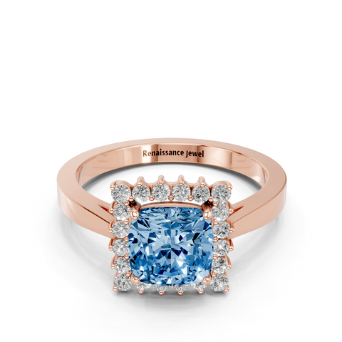 Rose gold Fancy Blue Cushion  Cut Diamond Halo Ring with Round Brilliant Halo and Solitaire Band