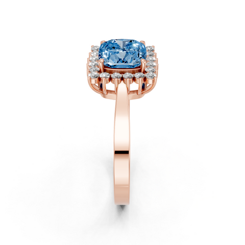 Rose gold Fancy Blue Cushion  Cut Diamond Pavé Band Solitaire Ring with Four-Prong Setting
