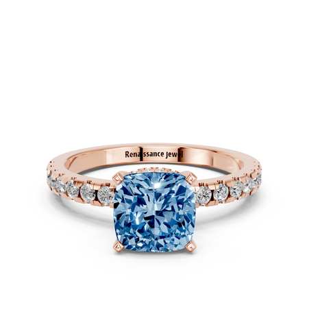 Rose gold Fancy Blue Cushion  Solitaire Diamond Pavé Band with Four-Prong Setting