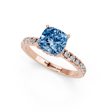 Rose gold Fancy Blue Cushion  Solitaire Diamond Pavé Band with Four-Prong Setting