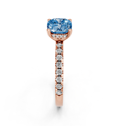Rose gold Fancy Blue Cushion  Solitaire Diamond Pavé Band with Four-Prong Setting