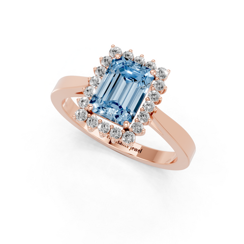 Rose gold Fancy Blue Emerald  Cut Diamond Halo Ring with Round Brilliant Halo and Solitaire Band