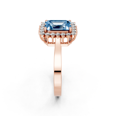 Rose gold Fancy Blue Emerald  Cut Diamond Halo Ring with Round Brilliant Halo and Solitaire Band