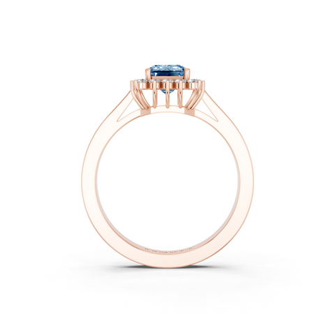 Rose gold Fancy Blue Emerald  Cut Diamond Halo Ring with Round Brilliant Halo and Solitaire Band