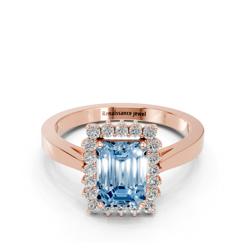 Rose gold Fancy Blue Emerald  Cut Diamond Halo Ring with Round Brilliant Halo and Solitaire Band