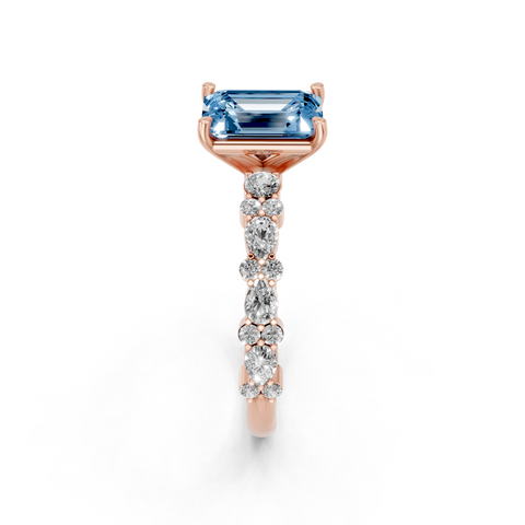 Rose gold Fancy Blue Emerald  Solitaire with Side Stones, Pave Band, Four-Prong Setting
