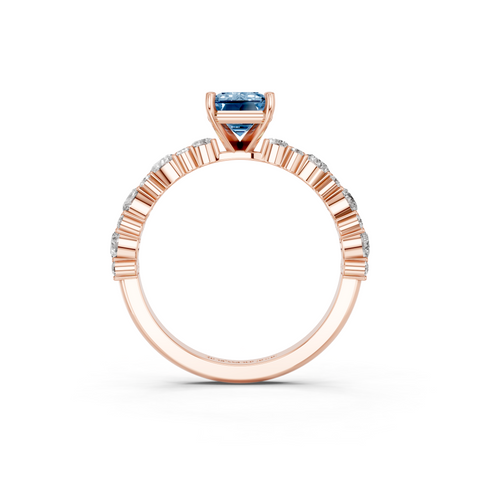 Rose gold Fancy Blue Emerald  Solitaire with Side Stones, Pave Band, Four-Prong Setting