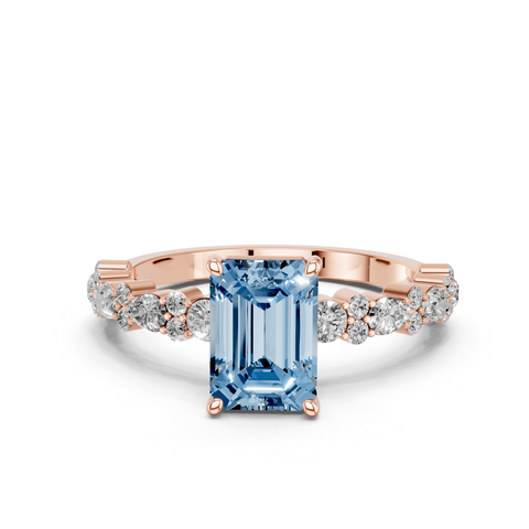 Rose gold Fancy Blue Emerald  Solitaire with Side Stones, Pave Band, Four-Prong Setting