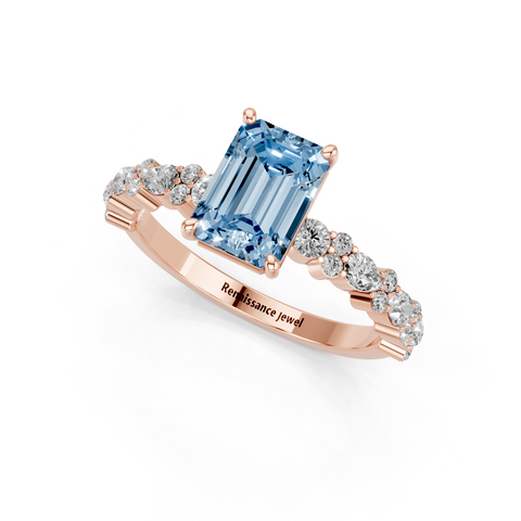 Rose gold Fancy Blue Emerald  Solitaire with Side Stones, Pave Band, Four-Prong Setting
