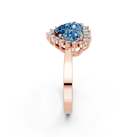 Rose gold Fancy Blue Heart  Cut Diamond Halo Ring with Round Brilliant Halo and Solitaire Band