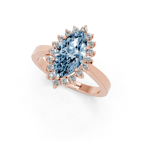 Rose gold Fancy Blue Marquise  Cut Diamond Halo Ring with Round Brilliant Halo and Solitaire Band