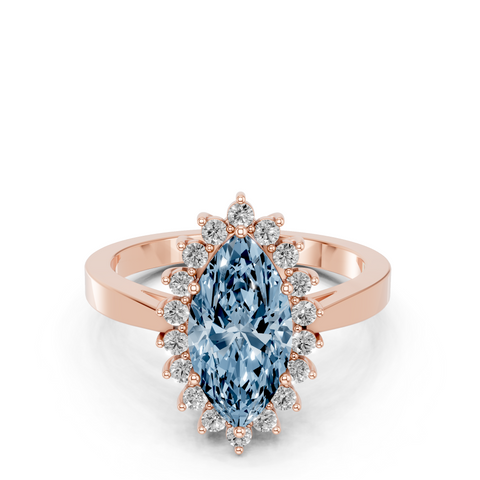Rose gold Fancy Blue Marquise  Cut Diamond Halo Ring with Round Brilliant Halo and Solitaire Band