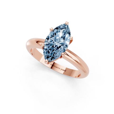 Rose gold Fancy Blue Marquise  Cut Solitaire Engagement Ring with Round Band and Four-Prong Setting