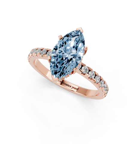 Rose gold Fancy Blue Marquise  Solitaire Diamond Pavé Band with Four-Prong Setting