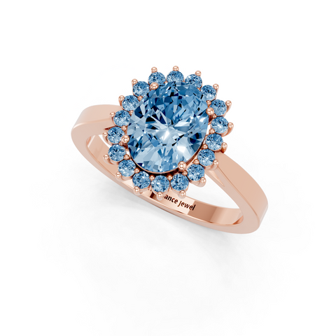 Rose gold Fancy Blue Oval  Cut Diamond Halo Ring with Round Brilliant Halo and Solitaire Band