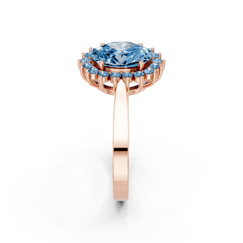 Rose gold Fancy Blue Oval  Cut Diamond Halo Ring with Round Brilliant Halo and Solitaire Band