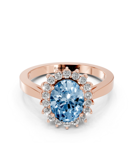 Rose gold Fancy Blue Oval  Cut Diamond Halo Ring with Round Brilliant Halo and Solitaire Band