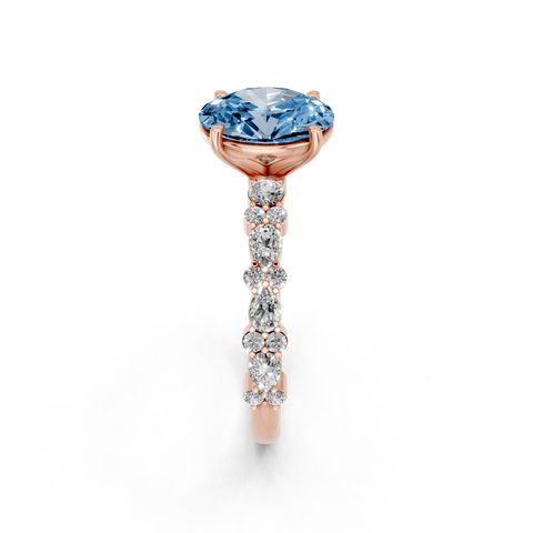Rose gold Fancy Blue Oval  Solitaire with Side Stones, Pave Band, Four-Prong Setting