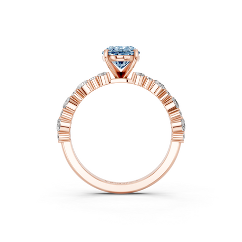 Rose gold Fancy Blue Oval  Solitaire with Side Stones, Pave Band, Four-Prong Setting