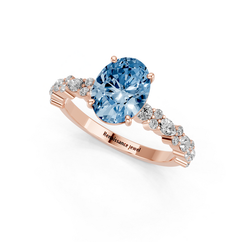 Rose gold Fancy Blue Oval  Solitaire with Side Stones, Pave Band, Four-Prong Setting
