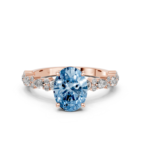 Rose gold Fancy Blue Oval  Solitaire with Side Stones, Pave Band, Four-Prong Setting