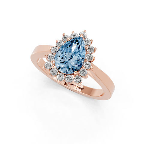 Rose gold Fancy Blue Pear  Cut Diamond Halo Ring with Round Brilliant Halo and Solitaire Band