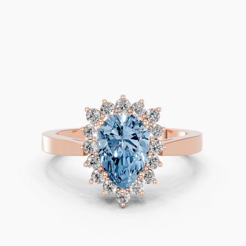 Rose gold Fancy Blue Pear  Cut Diamond Halo Ring with Round Brilliant Halo and Solitaire Band