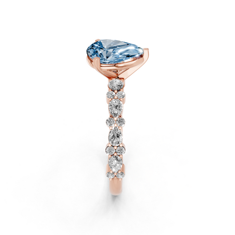 Rose gold Fancy Blue Pear  Solitaire with Side Stones, Pave Band, Four-Prong Setting