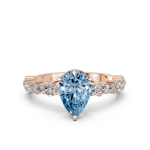 Rose gold Fancy Blue Pear  Solitaire with Side Stones, Pave Band, Four-Prong Setting