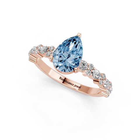Rose gold Fancy Blue Pear  Solitaire with Side Stones, Pave Band, Four-Prong Setting