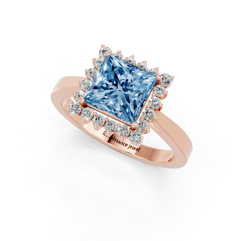 Rose gold Fancy Blue Princess  Cut Diamond Halo Ring with Round Brilliant Halo and Solitaire Band