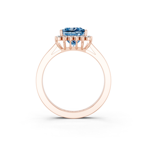 Rose gold Fancy Blue Princess  Cut Diamond Halo Ring with Round Brilliant Halo and Solitaire Band