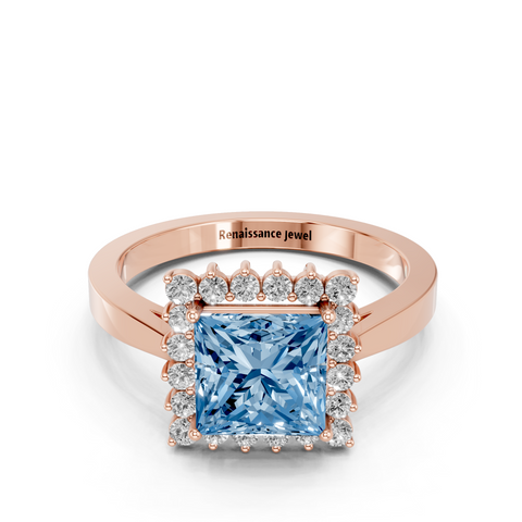 Rose gold Fancy Blue Princess  Cut Diamond Halo Ring with Round Brilliant Halo and Solitaire Band