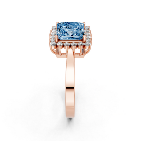 Rose gold Fancy Blue Princess  Cut Diamond Pavé Band Solitaire Ring with Four-Prong Setting