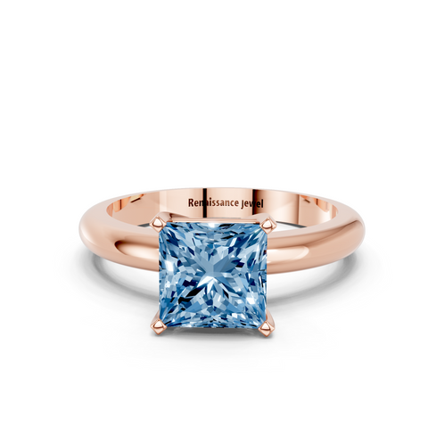Rose gold Fancy Blue Princess  Cut Solitaire Engagement Ring with Round Band and Four-Prong Setting