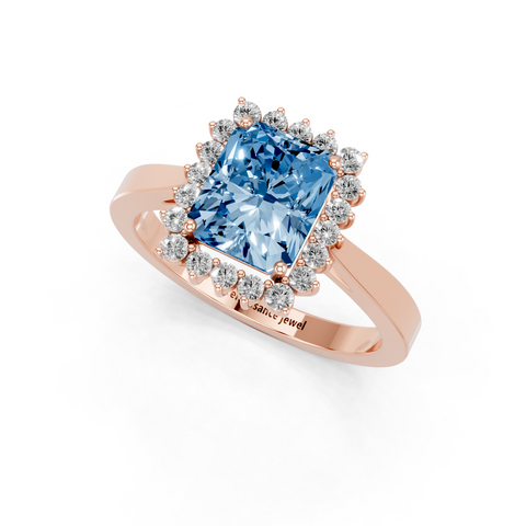 Rose gold Fancy Blue Radiant  Cut Diamond Halo Ring with Round Brilliant Halo and Solitaire Band