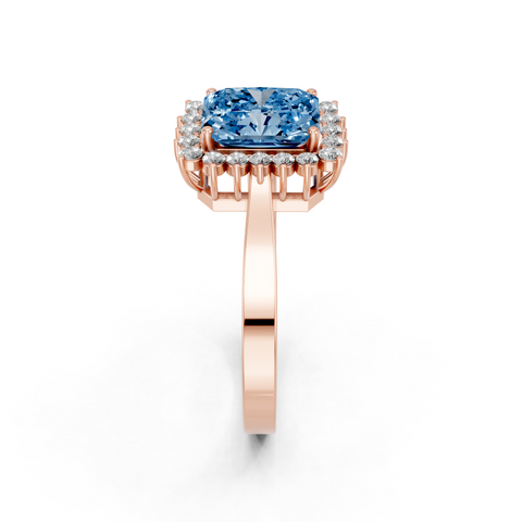 Rose gold Fancy Blue Radiant  Cut Diamond Halo Ring with Round Brilliant Halo and Solitaire Band