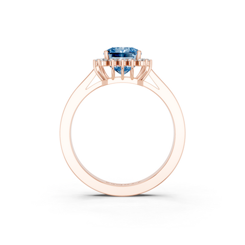 Rose gold Fancy Blue Radiant  Cut Diamond Halo Ring with Round Brilliant Halo and Solitaire Band