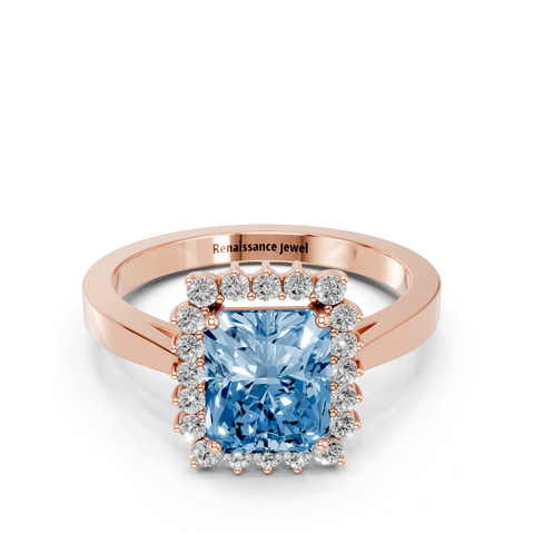 Rose gold Fancy Blue Radiant  Cut Diamond Halo Ring with Round Brilliant Halo and Solitaire Band